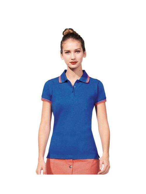 Γυναικεία μπλούζα polo Pasadena της Sol's μπλέ με πορτοκαλί ρίγα
