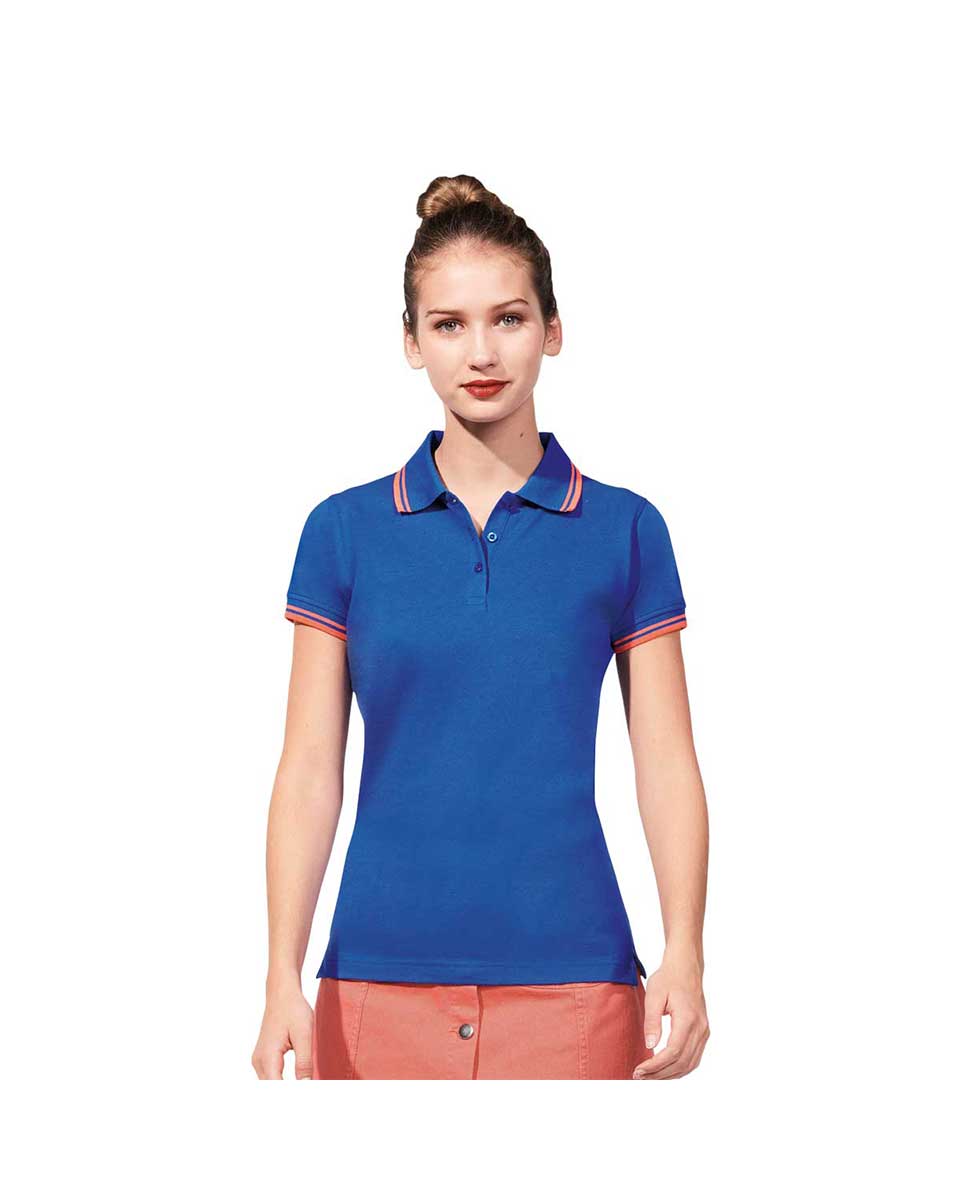 Pasadena Women 1 Προϊόν Μπλούζα Polo Γυναικεία Pasadena - Sol'S Γυναικεία μπλούζα polo Pasadena της Sol's μπλέ με πορτοκαλί ρίγα
